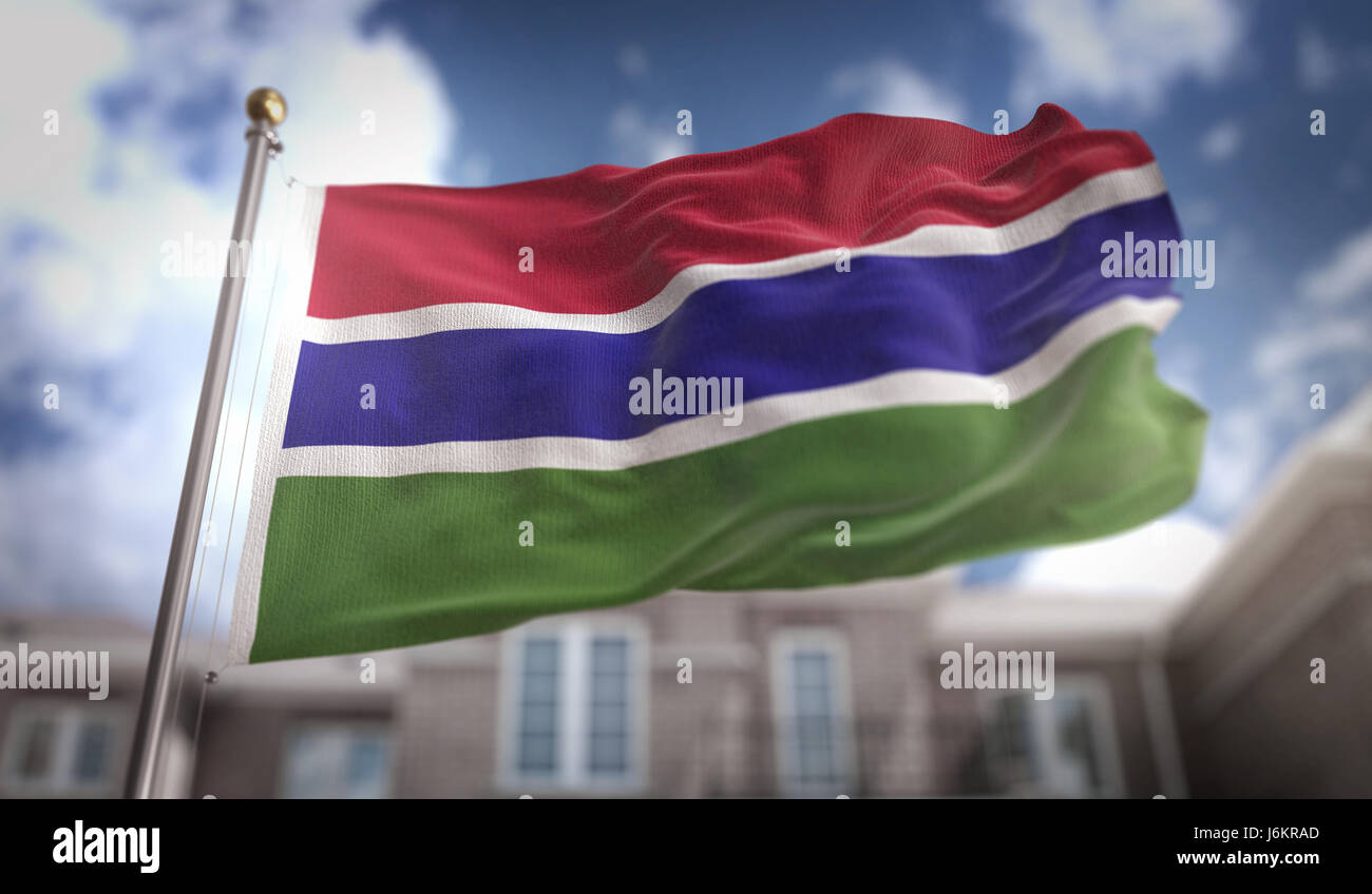 The Gambia Flag 3D Rendering on Blue Sky Building Background Stock ...