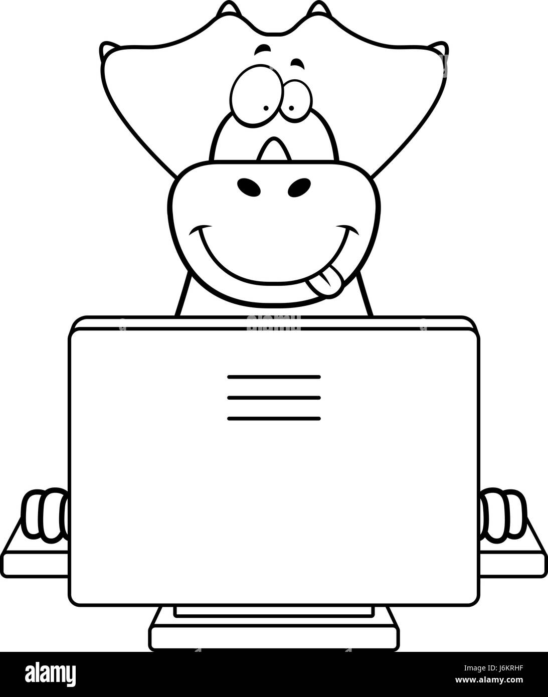 A happy cartoon dinosaur with a computer. Stock Vector