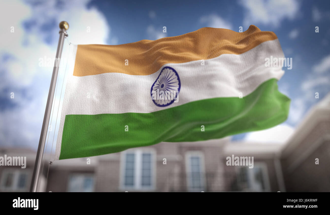 India Flag 3D Rendering on Blue Sky Building Background Stock Photo