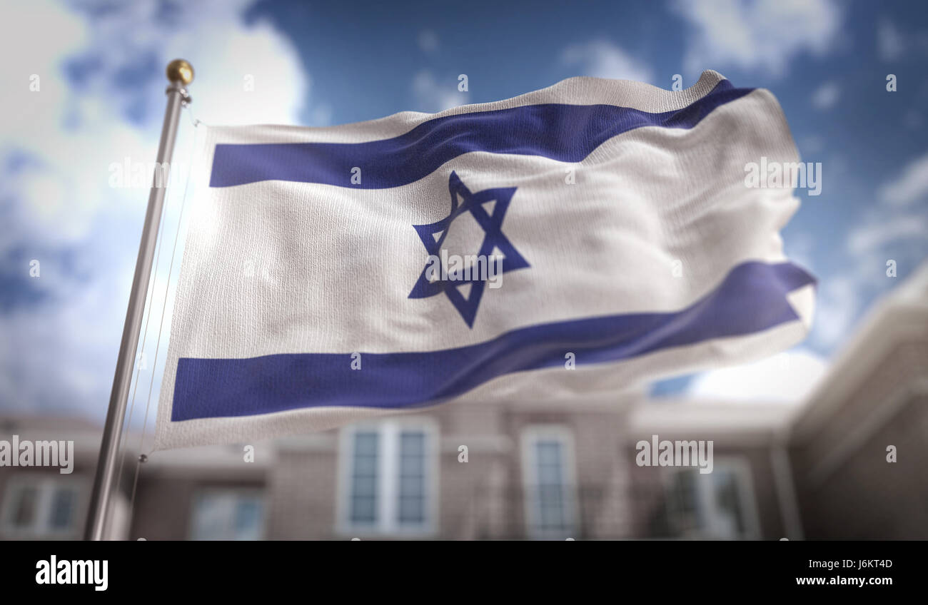 Israel Flag 3D Rendering on Blue Sky Building Background Stock Photo ...