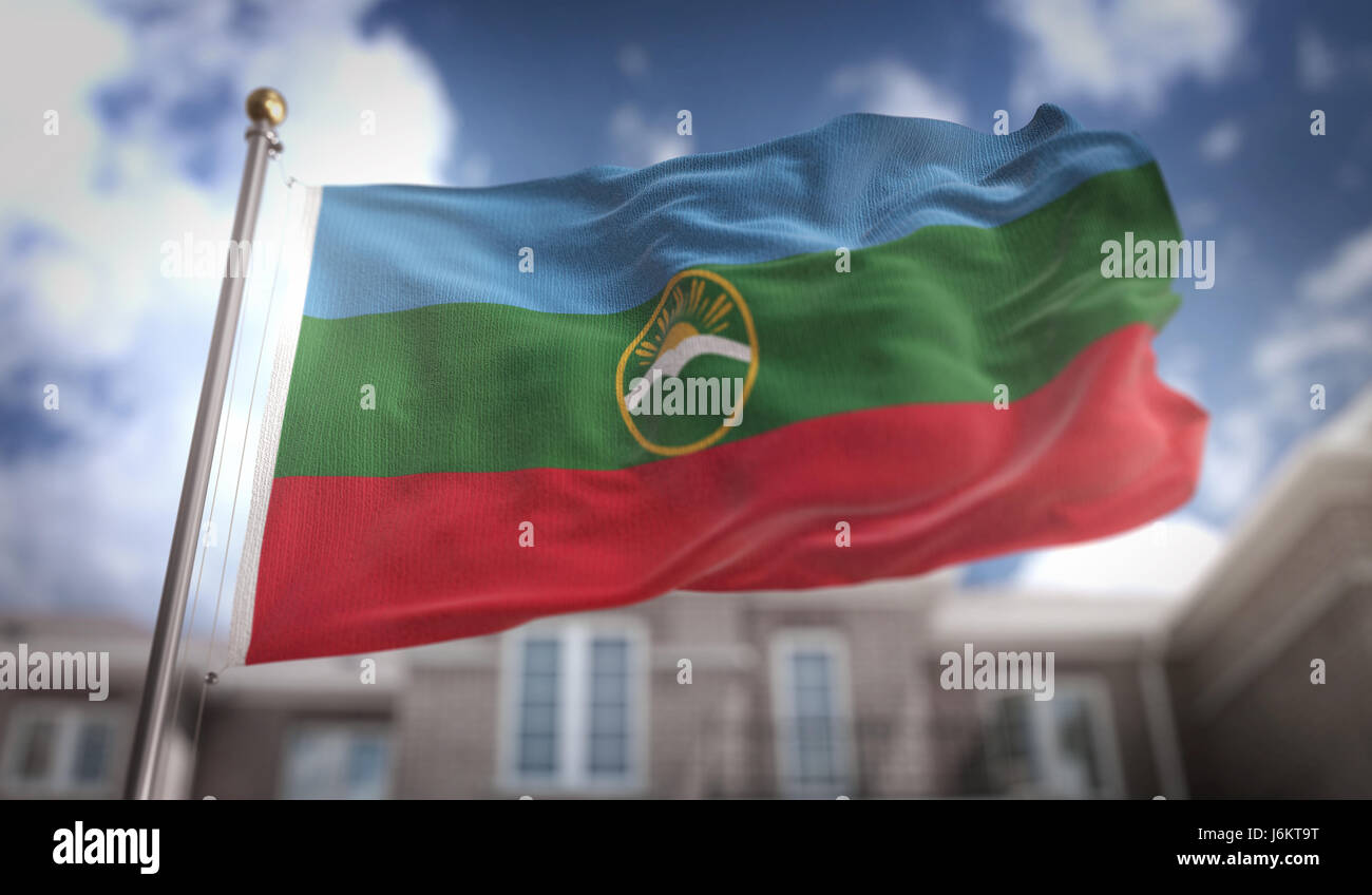 Karachay-Cherkessia Flag 3D Rendering on Blue Sky Building Background Stock Photo