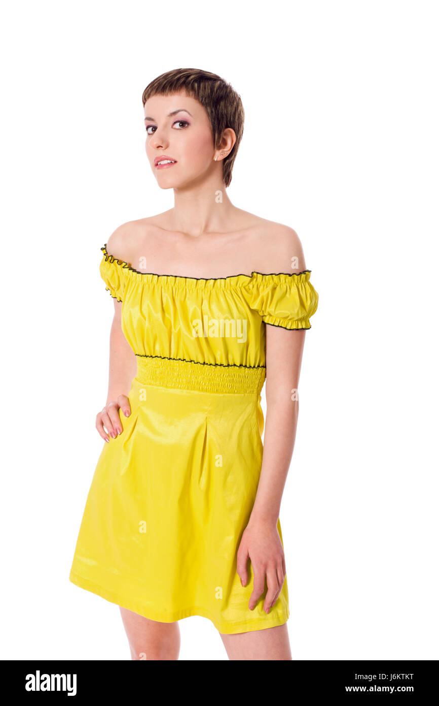 Beautiful Young Woman Wearing Yellow Dress Isolated On White Stock