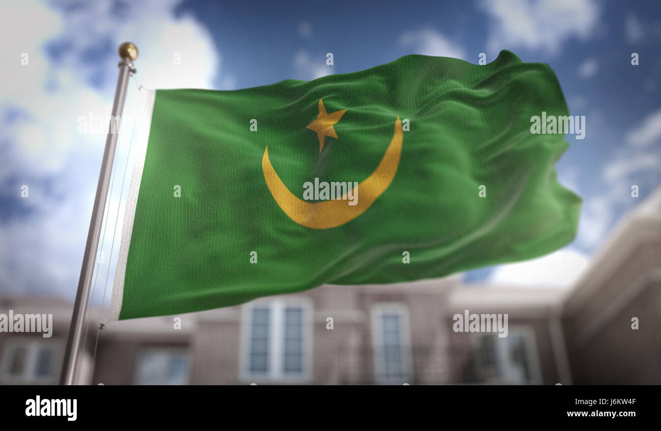 Mauritania Flag 3D Rendering on Blue Sky Building Background Stock Photo