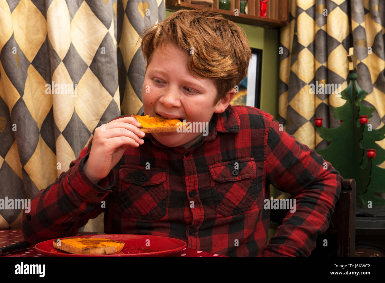 Boy eating cheese on toast Stock Photo