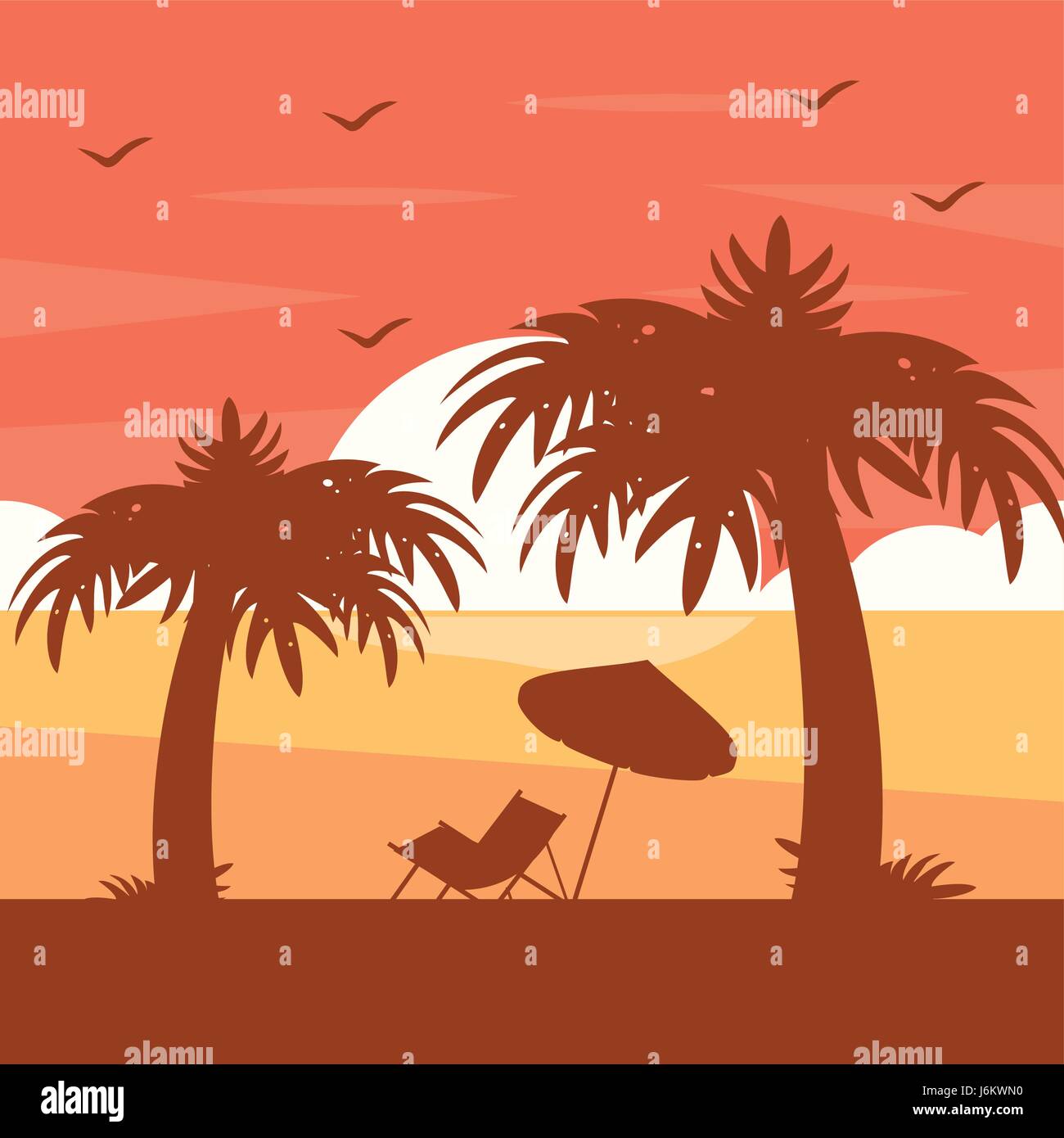two palm trees chair umbrella silhouette on sunset tropical beach Stock ...