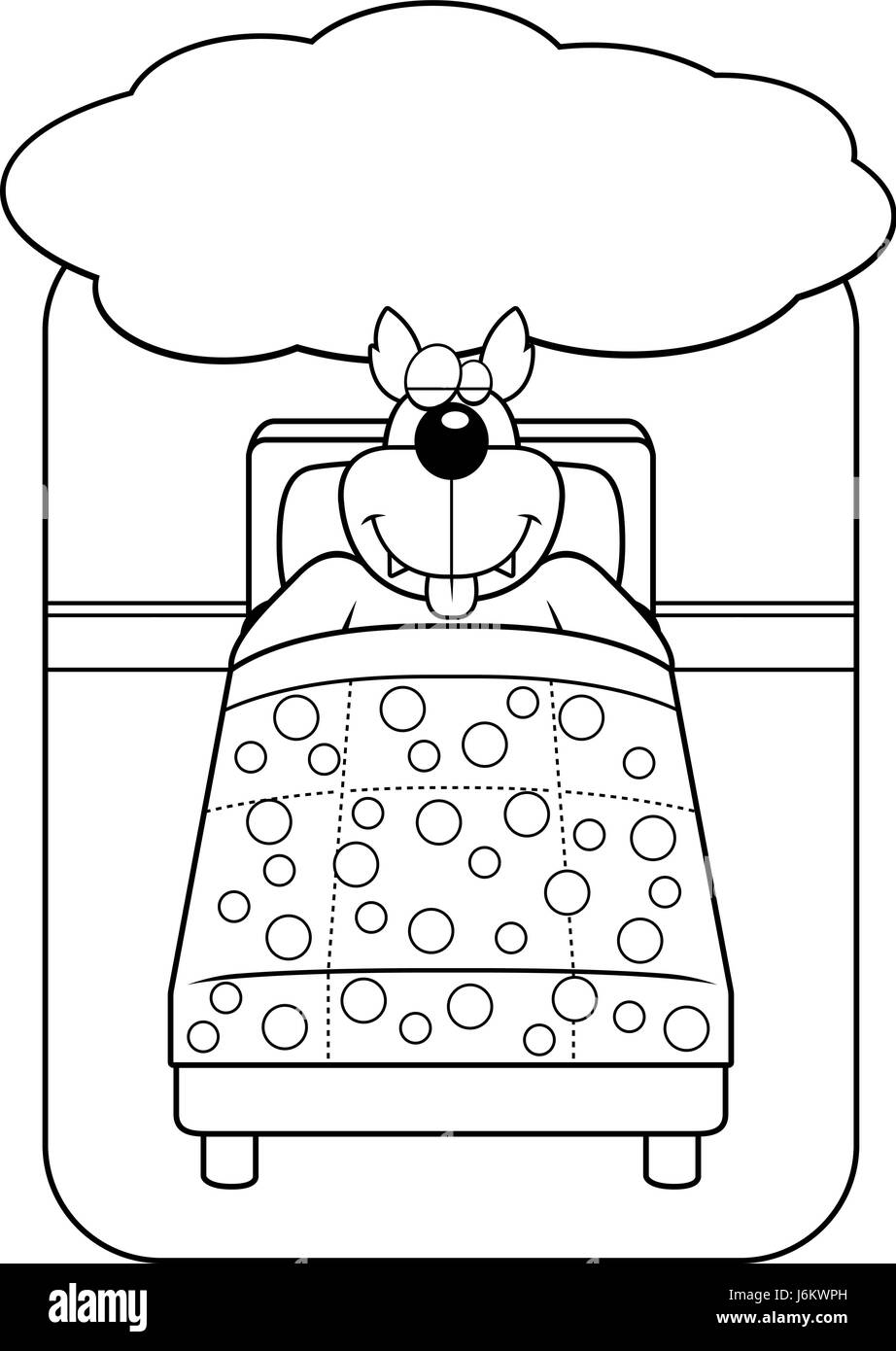 A cartoon wolf in bed dreaming and smiling. Stock Vector