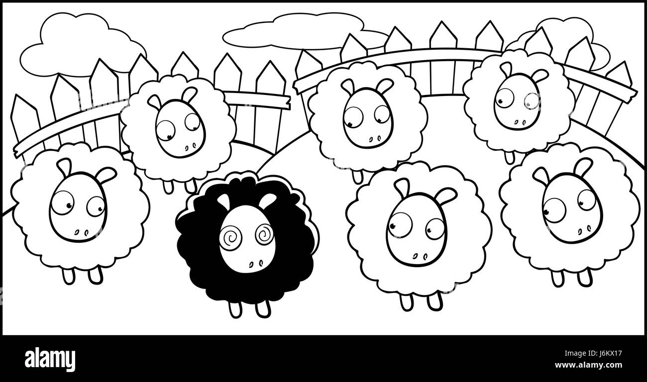 A cartoon black sheep surrounded by white sheep Stock Vector Image & Art -  Alamy