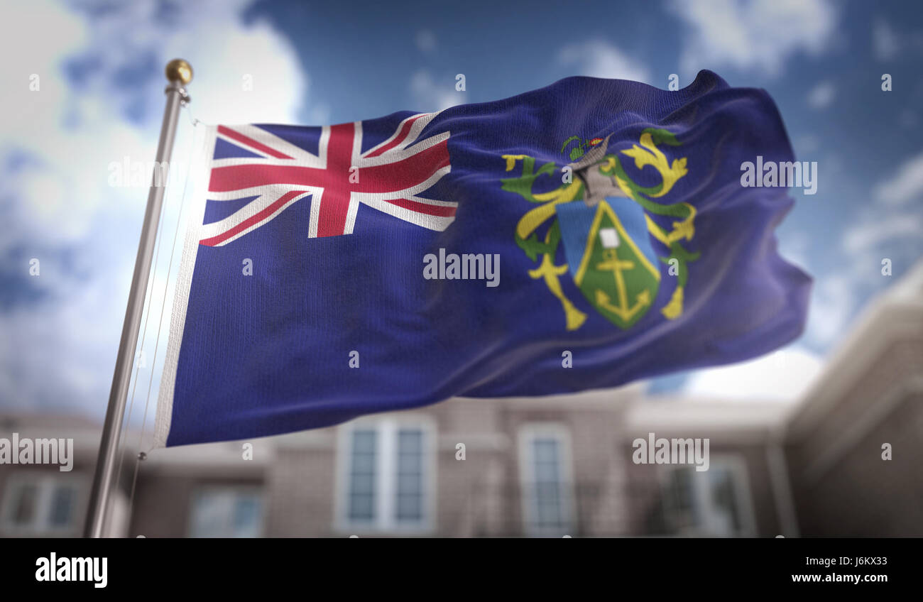 Pitcairn Islands Flag 3D Rendering on Blue Sky Building Background Stock Photo