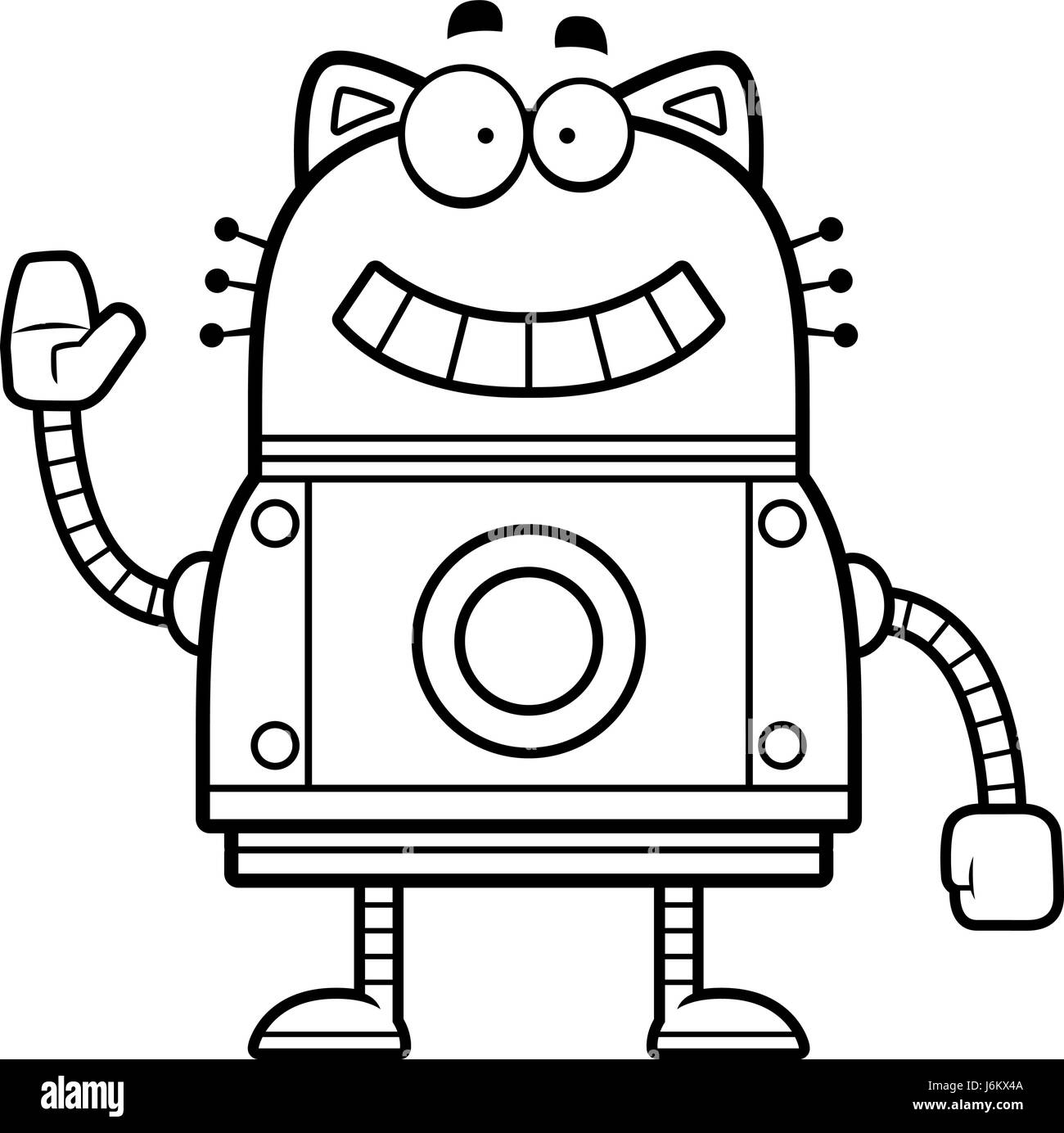 A cartoon illustration of a robot cat smiling and waving. Stock Vector