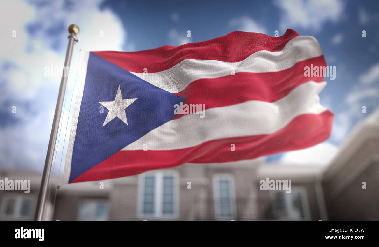Puerto Rico Flag 3D Rendering on Blue Sky Building Background Stock ...