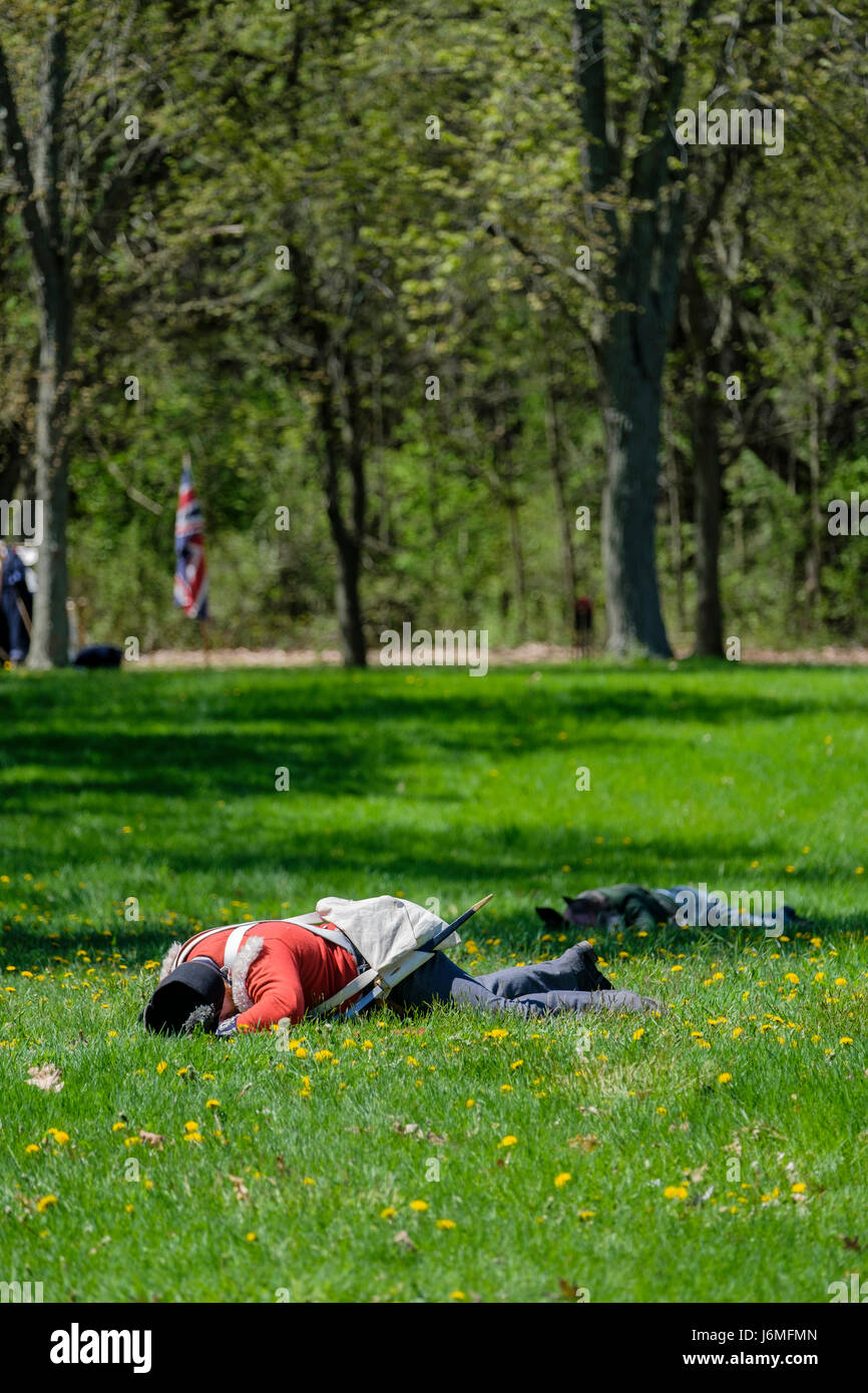 Battle of Longwoods reenactment, Anglo-American War of 1812, March 1814, reenactor, dead soldier on batlefield, Delaware, Ontario, Canada. Stock Photo
