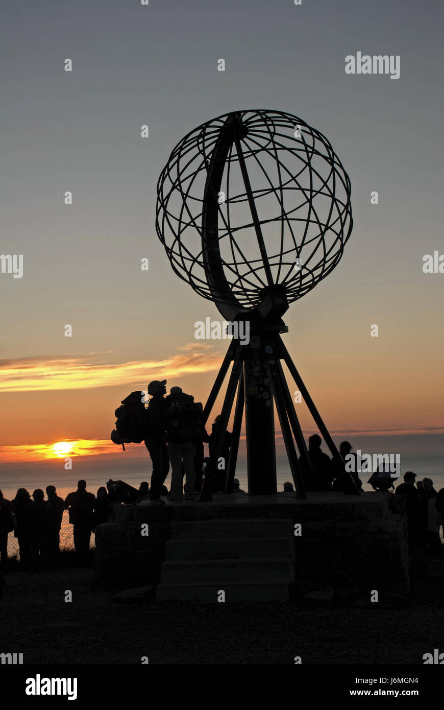 Nordkapp. Globe Monument at North Cape, Norway. Midnight at Nordkapp Stock Photo