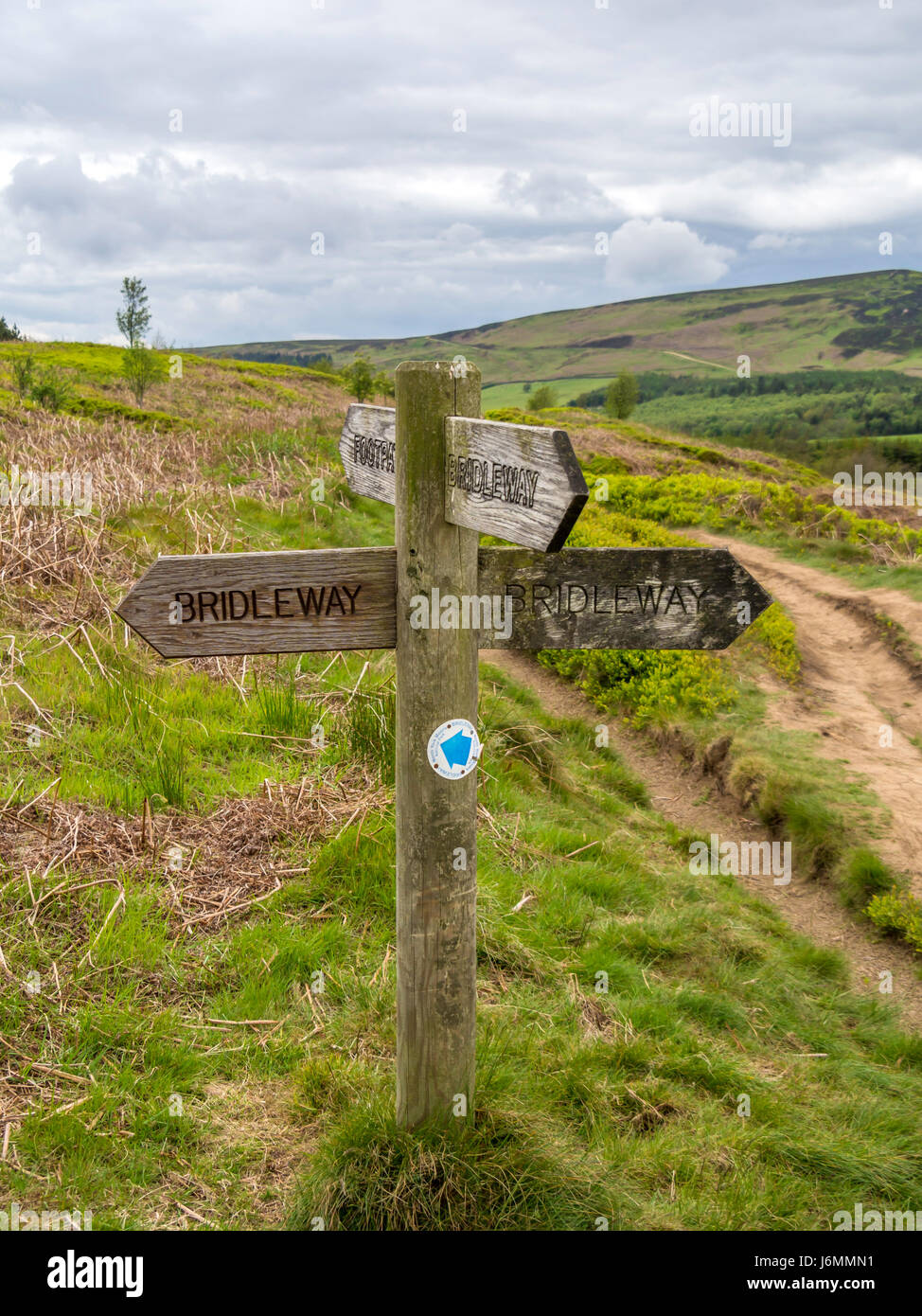 A wooden sign post in the North Yorkshire Moors indicating a 4-way junction with three bridleways and one footpath Stock Photo
