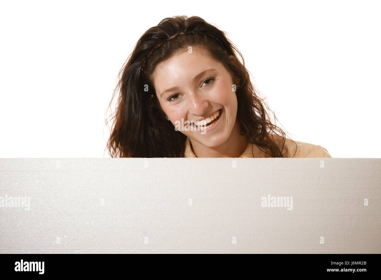 woman presentation blank european caucasian poster advertisement shield Stock Photo