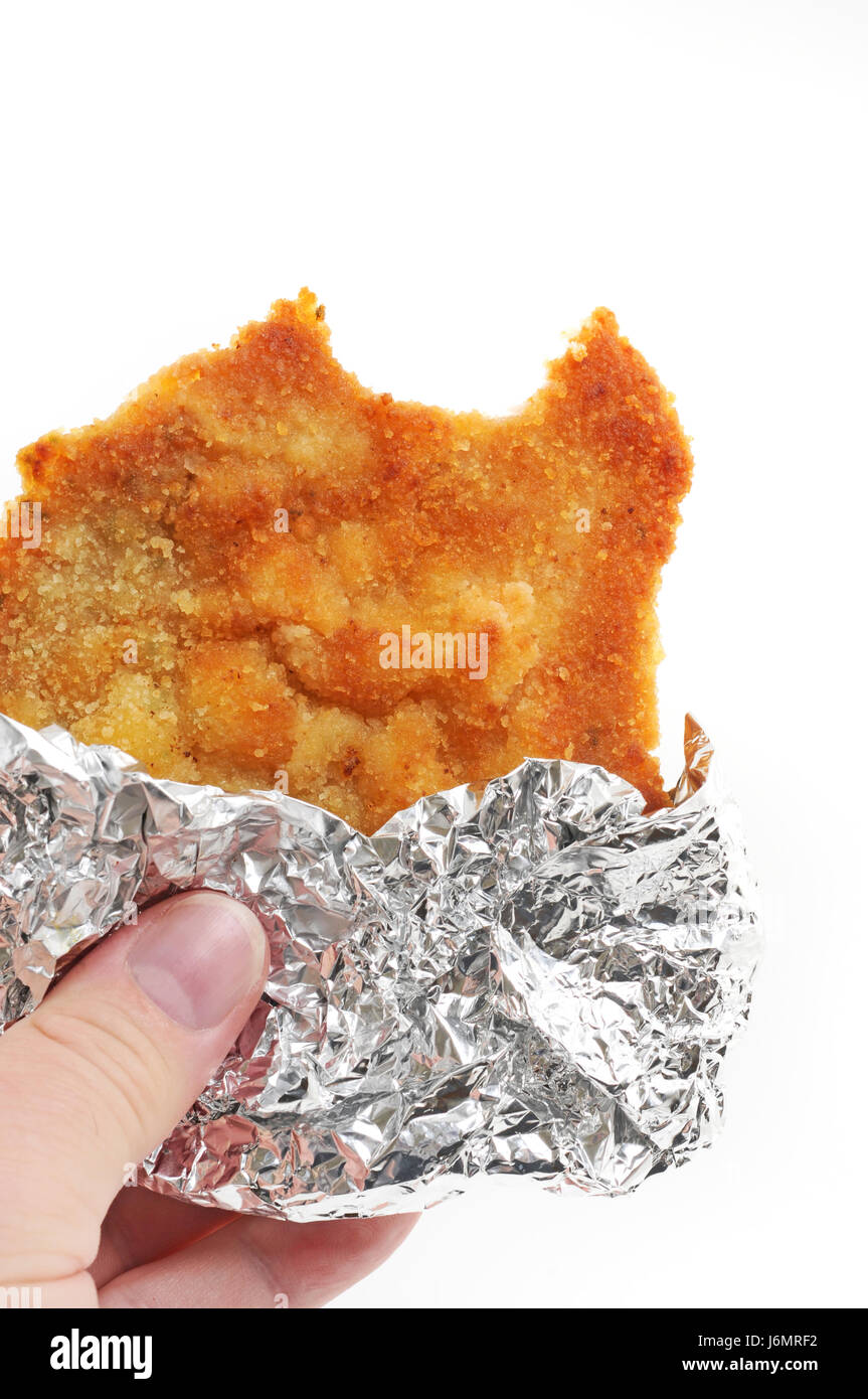 isolated schnitzel aluminium foil eating eat eats food dish meal