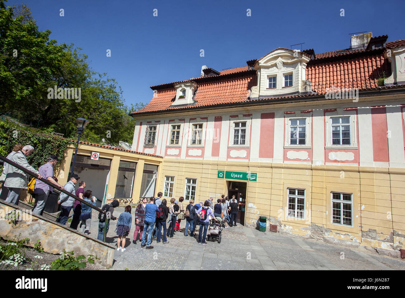 Tourists waiting in the front at the lower Prague funicular station Ujezd Mala Strana Prague Stock Photo
