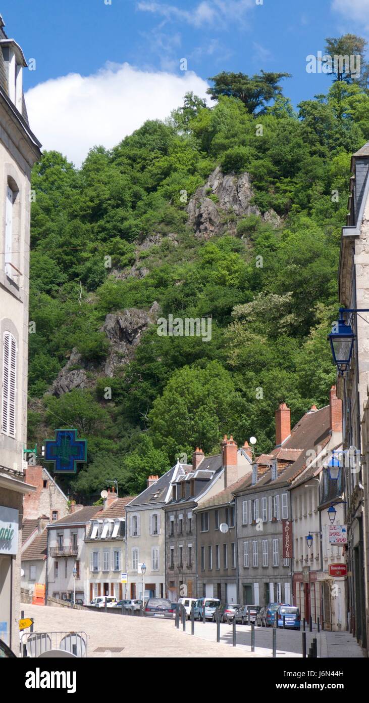 Traditional houses on cobbled street, Aubusson, Creuse, France Stock Photo