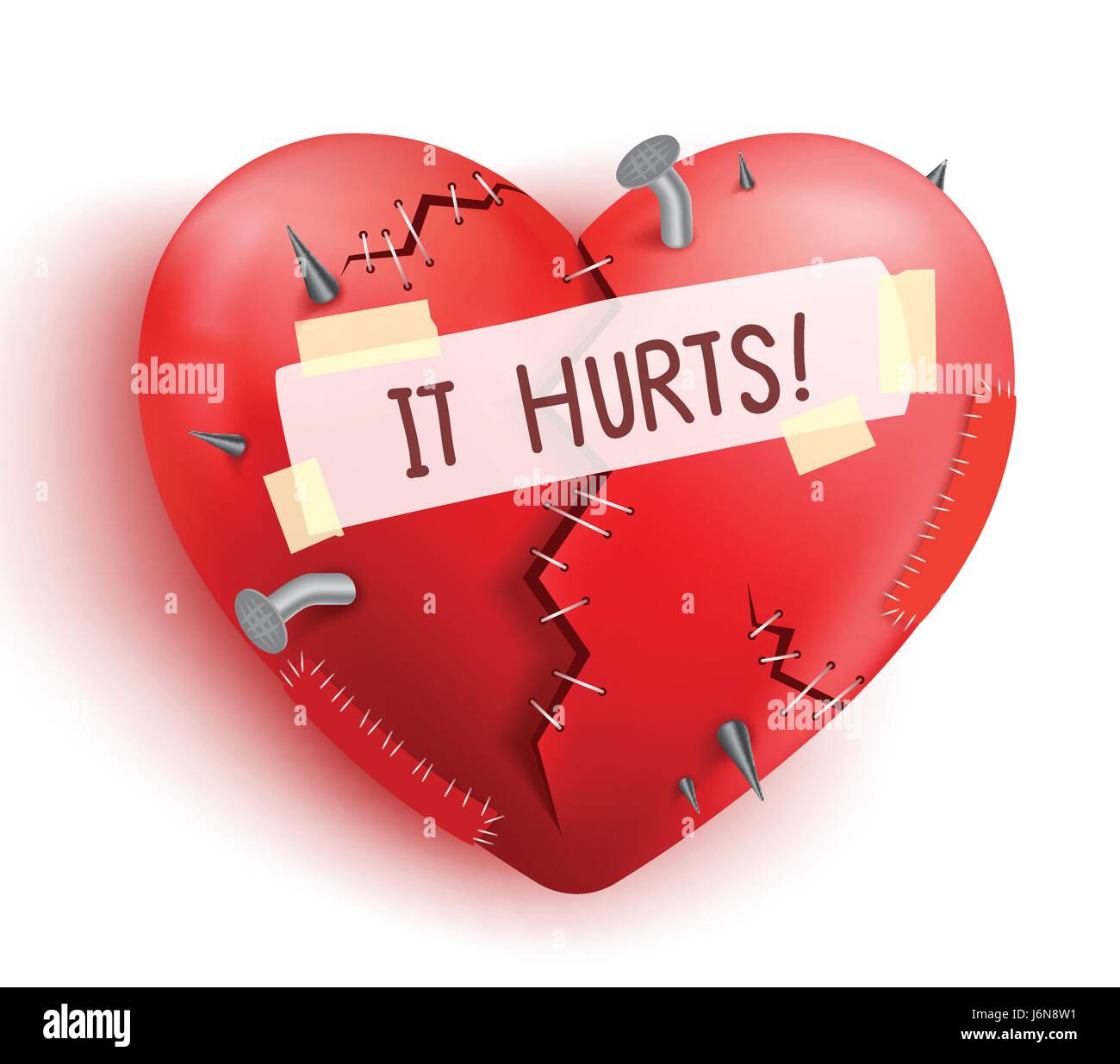 Vector Broken Heart Wounded In Red Color With Stitches And Patches Vector Broken Heart Wounded In Red Color With Stitches And Patches