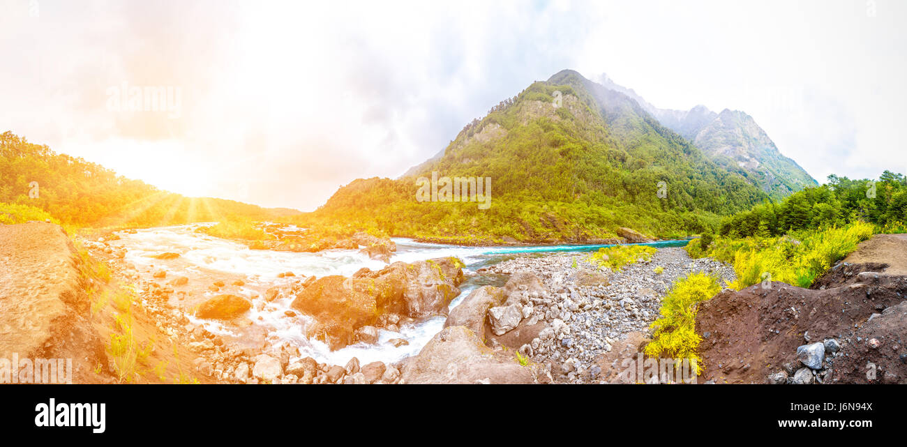 Panoramic view of the mountain river near Puerto Varas, Chile Stock Photo