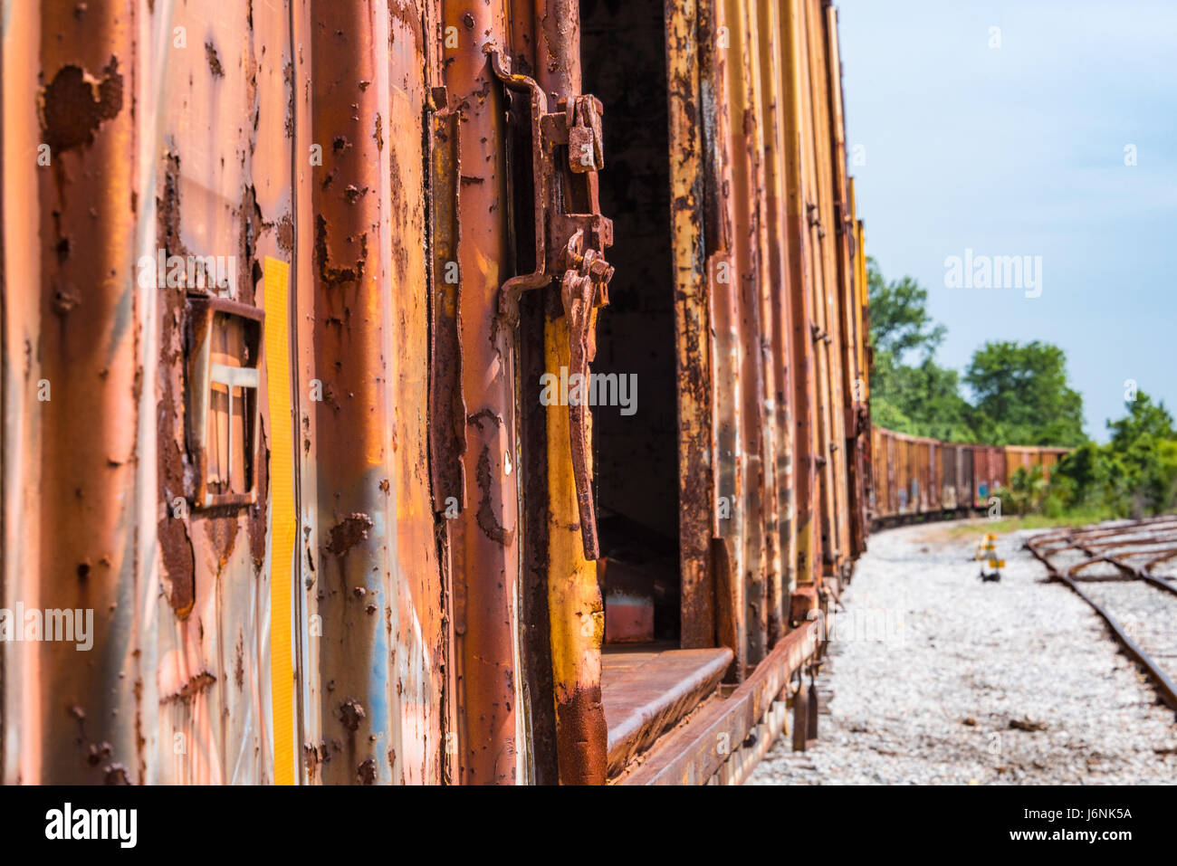 Rusting old train cars in historic downtown Fernandina Beach on Amelia Island, Florida, USA. Stock Photo