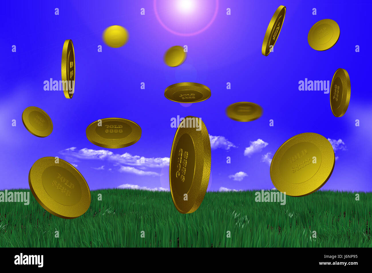green coin firmament sky meadow grass lawn gold money fine blue
