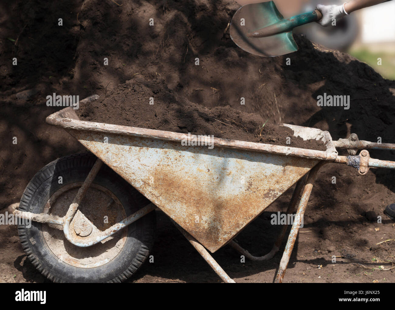 A man pours a soil in a wheelbarrow with a shovel Stock Photo - Alamy