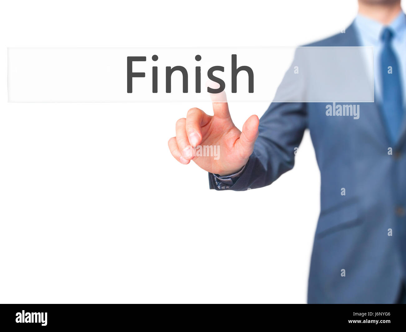 Finish - Businessman hand pressing button on touch screen interface ...