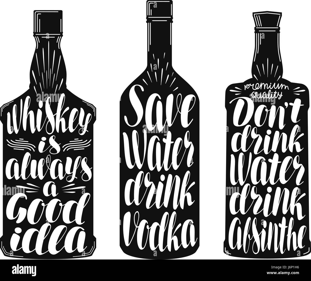 Drinks, alcoholic beverages label set. Whiskey bottle, vodka, absinthe icon or symbol. Handwritten lettering vector illustration Stock Vector