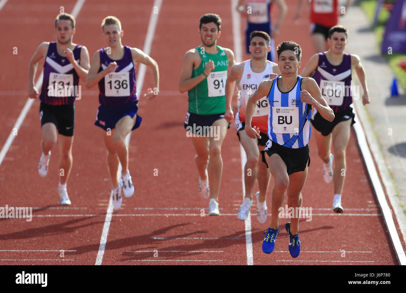 Tom Hook (right) in the 1500 Metre Men's Steeplechase Matchduring the Loughborough International Athletics Event at the Paula Radcliffe Stadium. Stock Photo