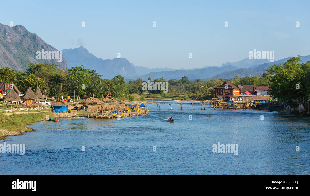 Vang Vieng village view, Laos Stock Photo