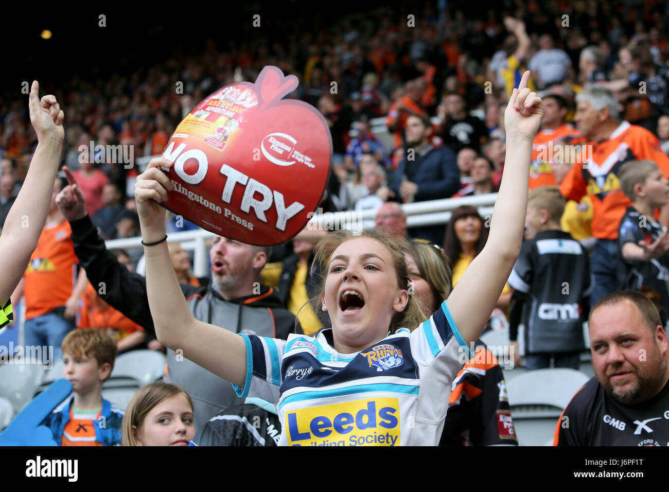 Leeds fan celebrates as a Castleford try is not awarded during day two of the Betfred Super League Magic Weekend at St James' Park, Newcastle. Stock Photo
