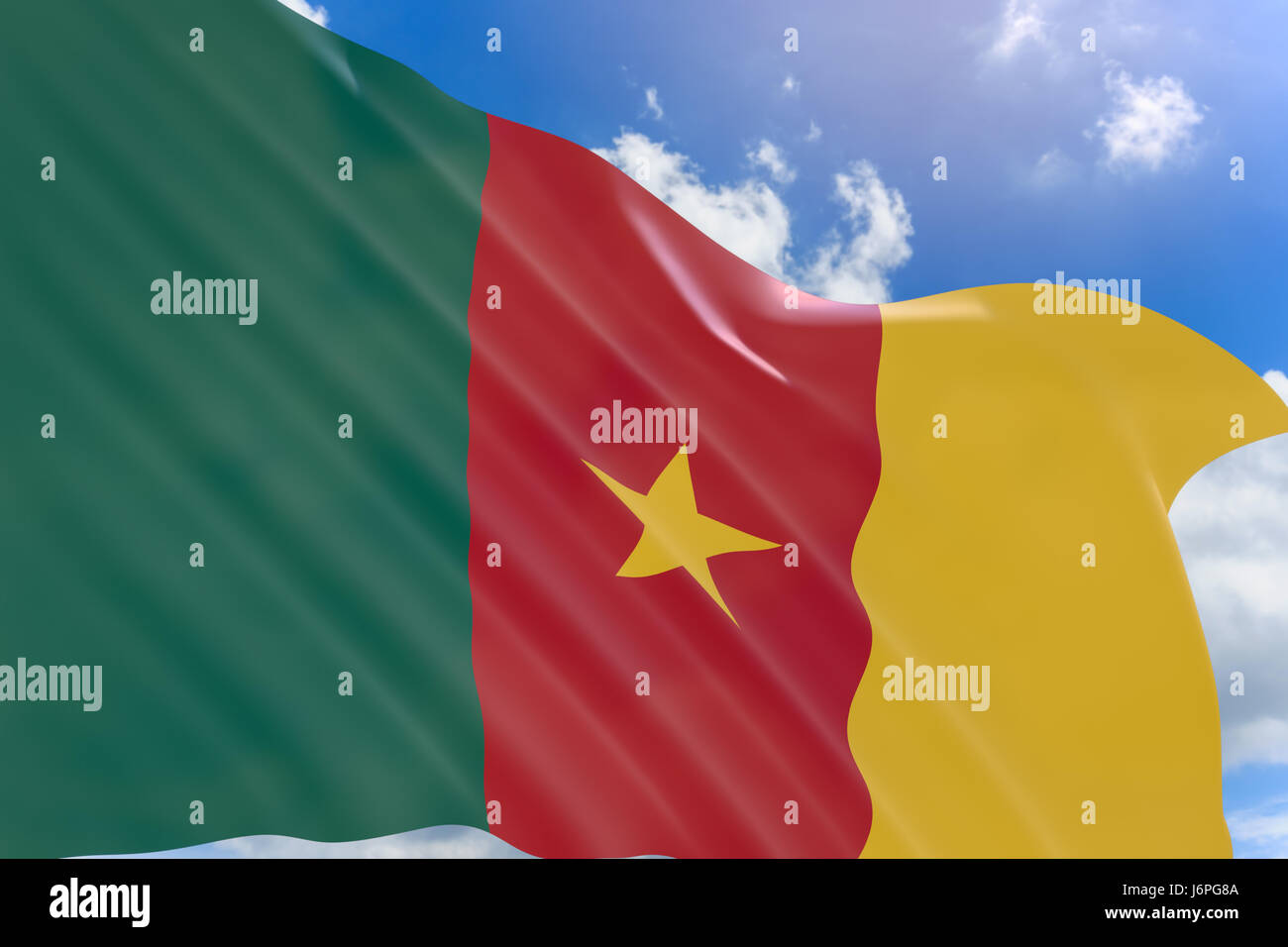 3D rendering of Cameroon flag waving on blue sky background, National Day is a holiday in Cameroon celebrated on 20 May. Stock Photo