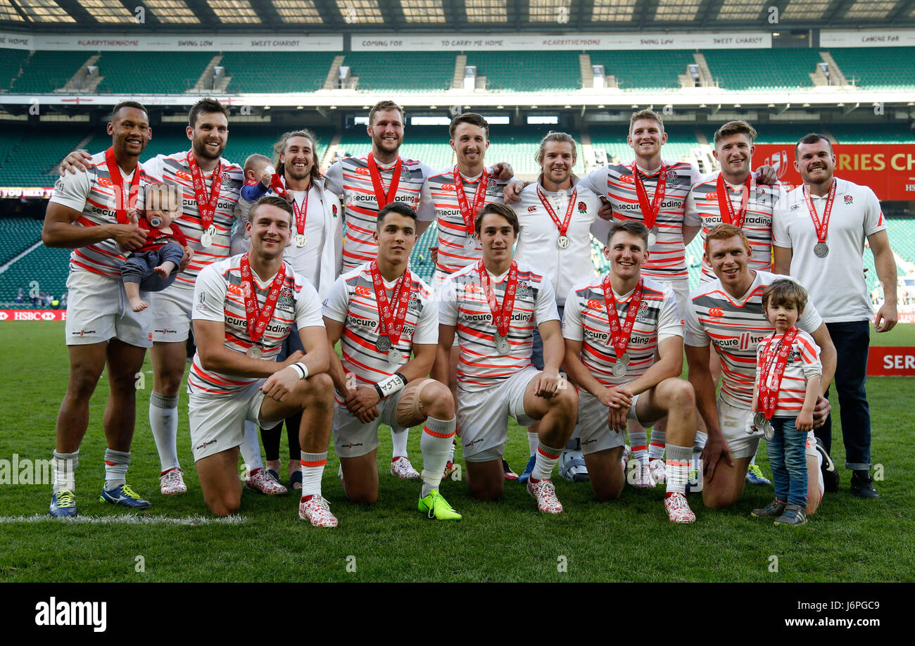 England celebrate finishing 2nd place in the overall HSBC World Rugby Sevens Series during day two of the HSBC London Sevens at Twickenham, London. Stock Photo