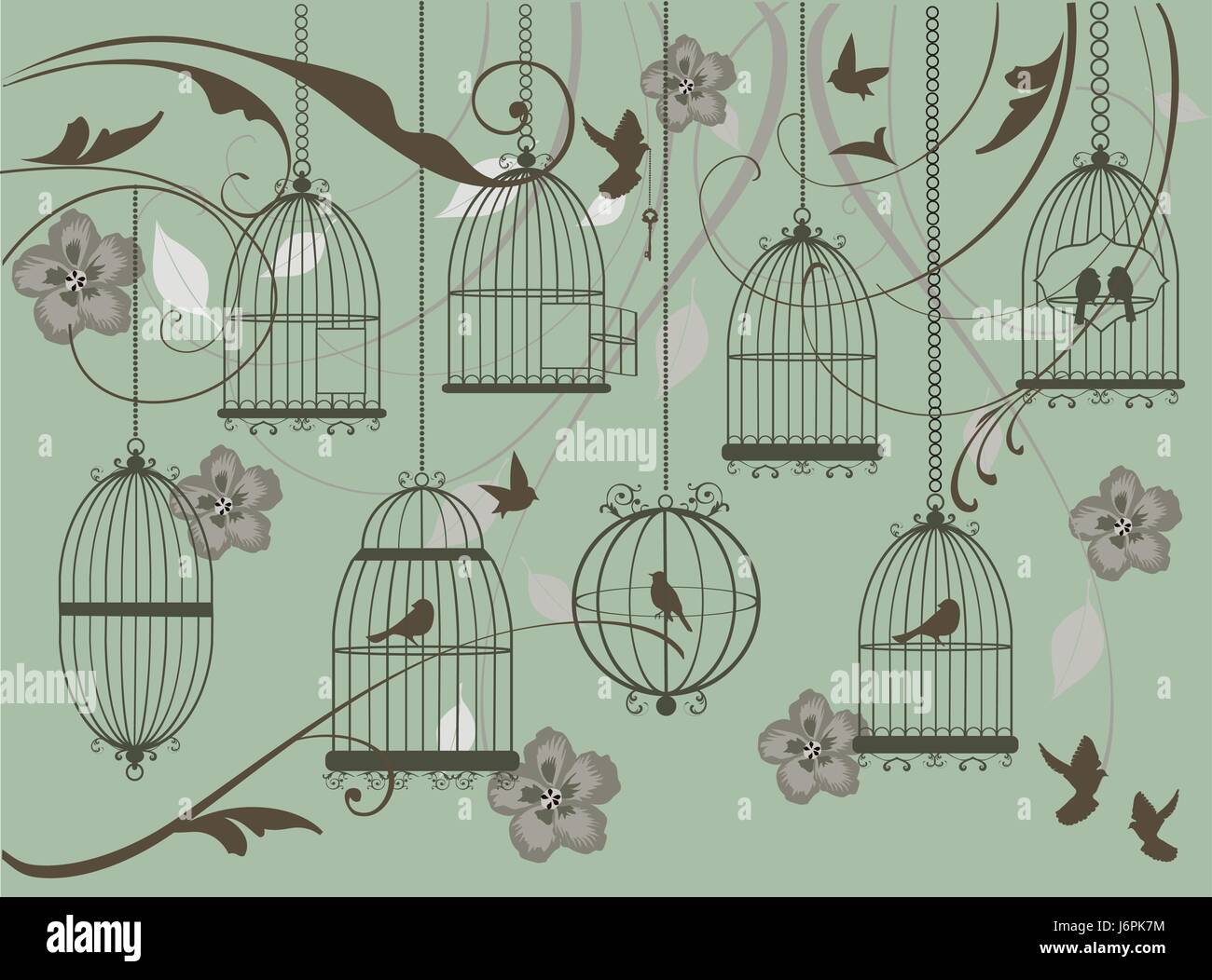 vector illustration of vintage floral background with bird cages Stock ...