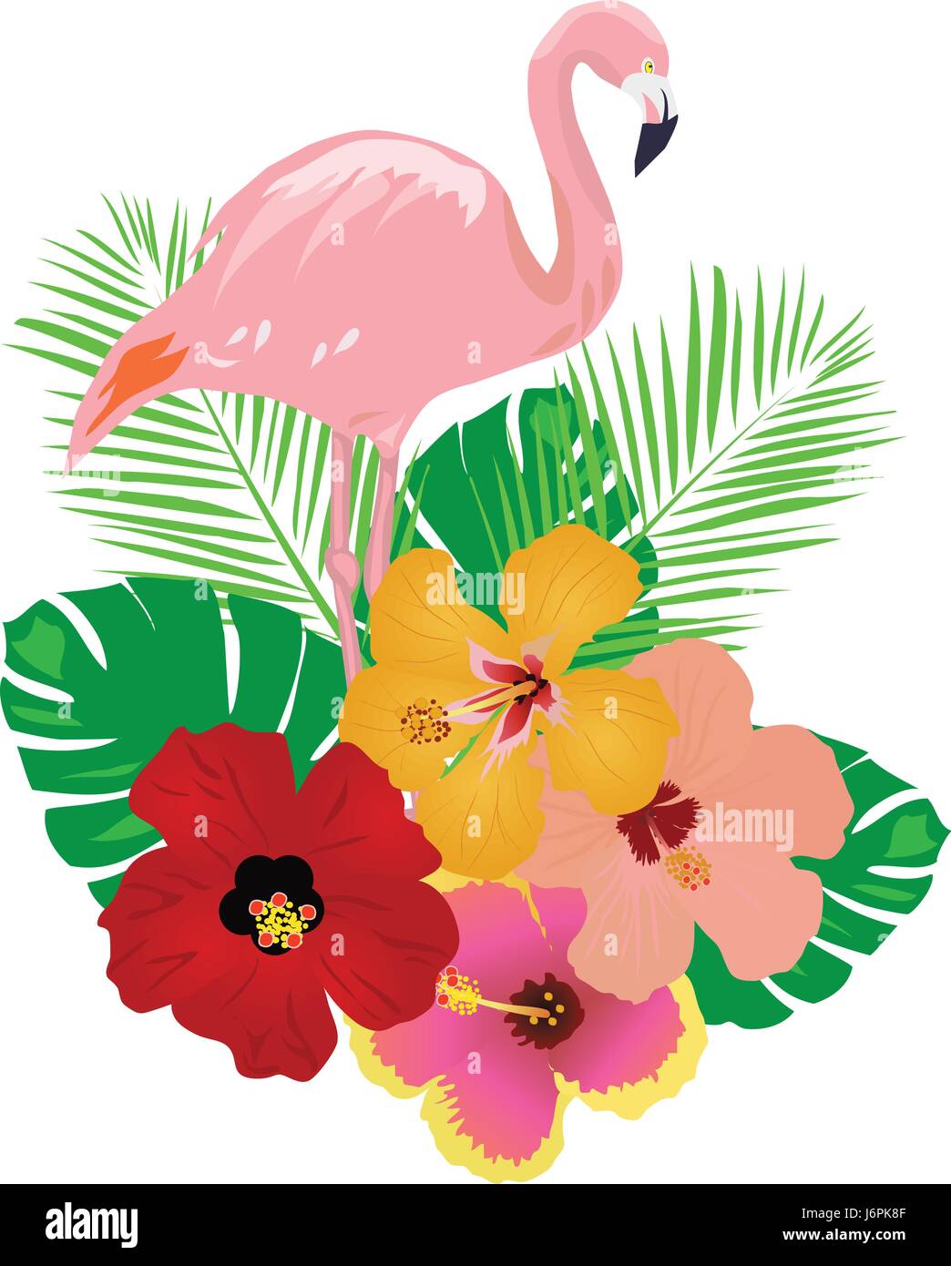 vector illustration of tropical background with flamingo and flowers ...