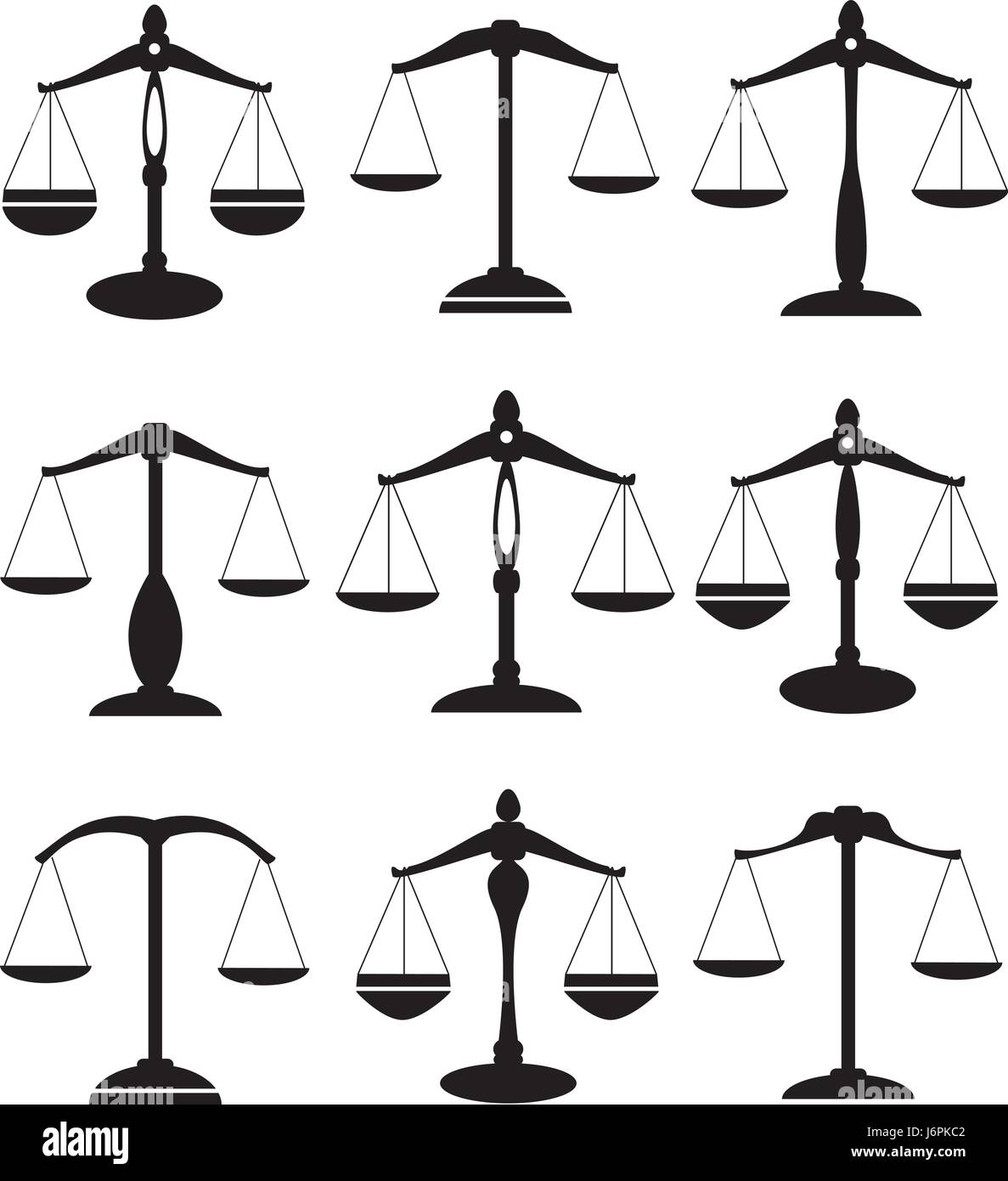 vector illustration of scales of justice set isolated on white
