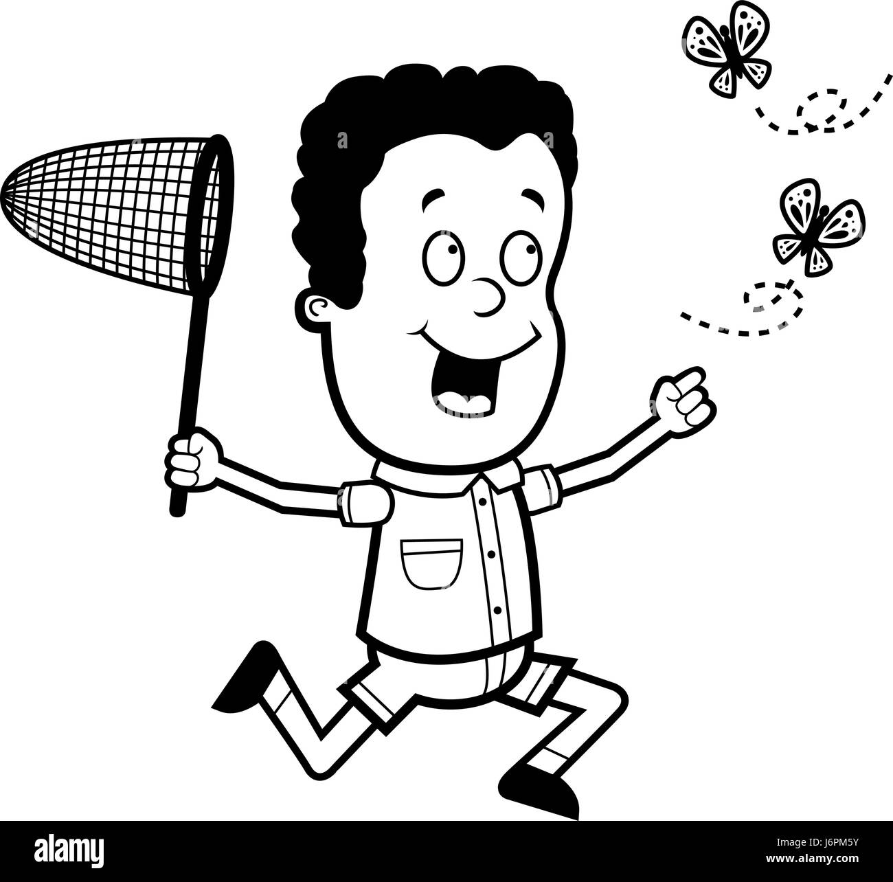 A happy cartoon boy chasing butterflies with a net. Stock Vector