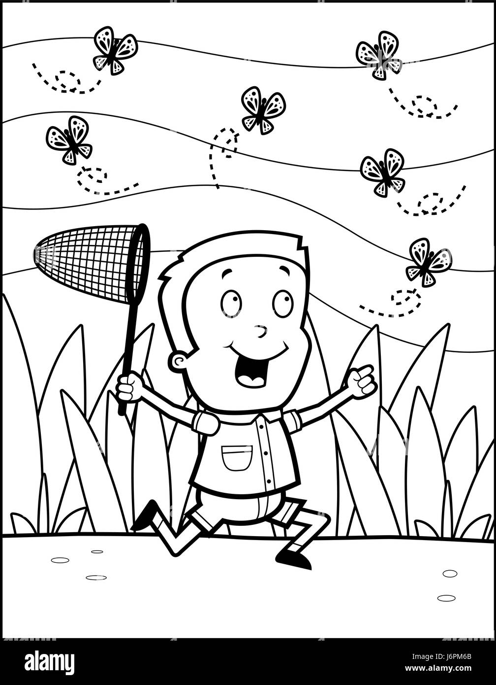 A happy cartoon boy chasing butterflies with a net. Stock Vector