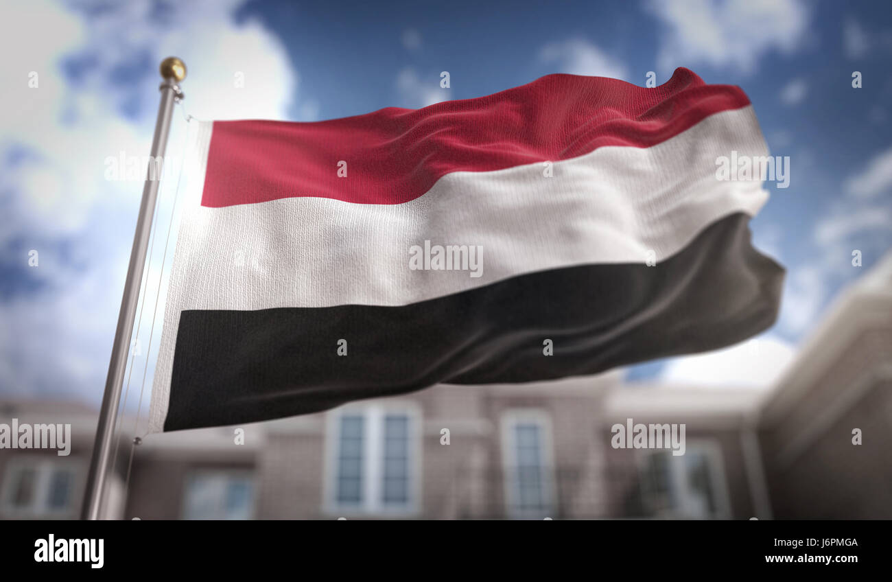Yemen Flag 3D Rendering on Blue Sky Building Background Stock Photo - Alamy