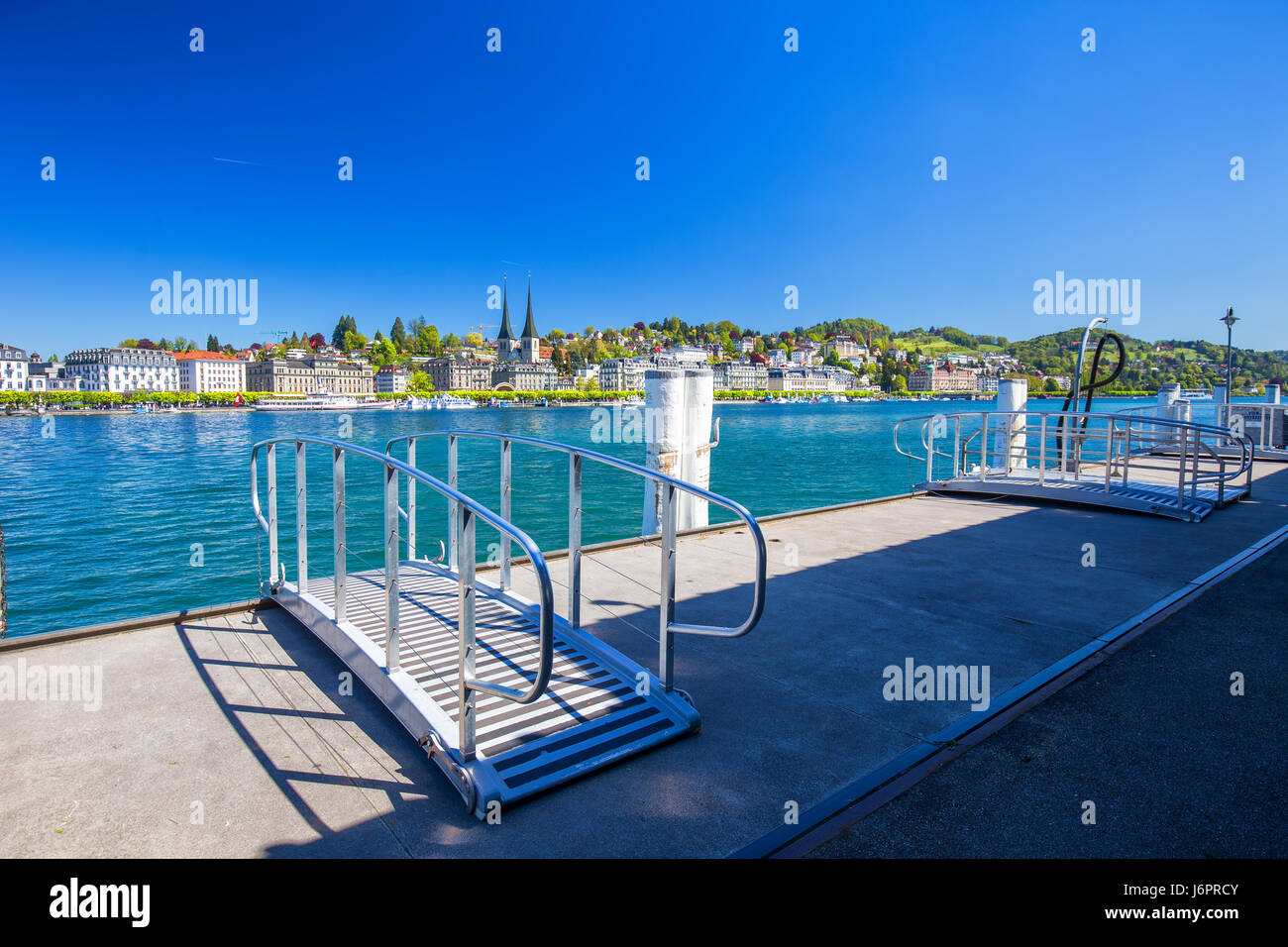 Harbor in Lucerne city with the view of Lucerne lake and promenade. Stock Photo