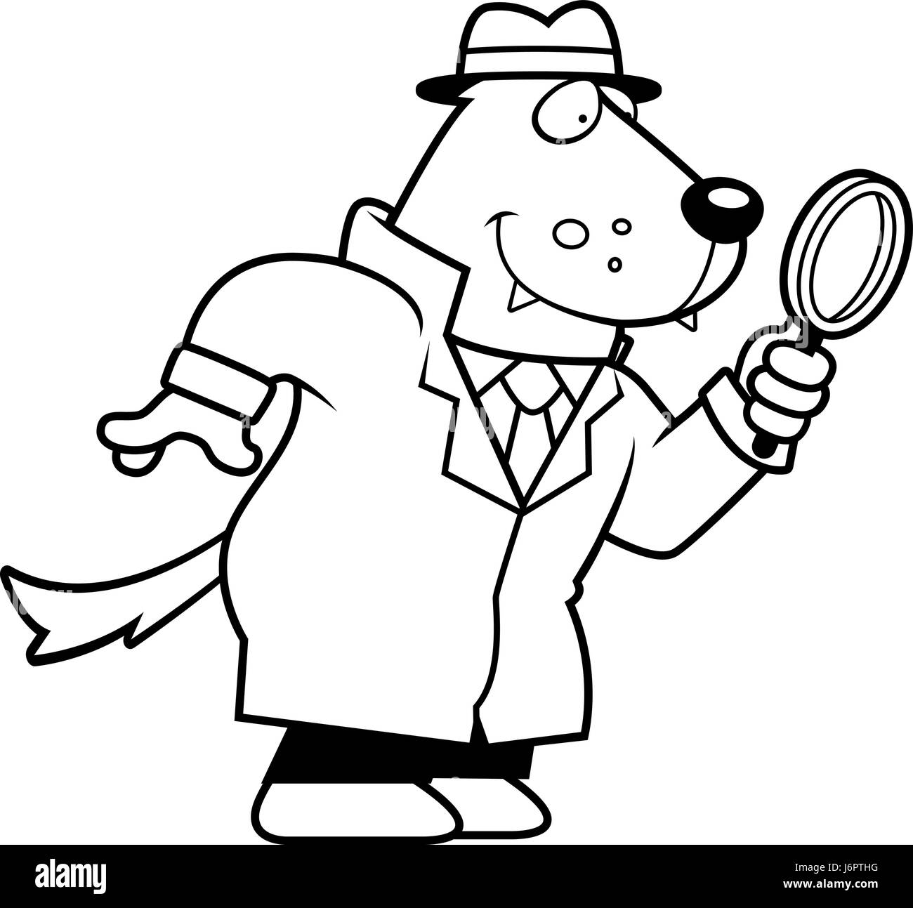 A cartoon illustration of a wolf detective investigating. Stock Vector