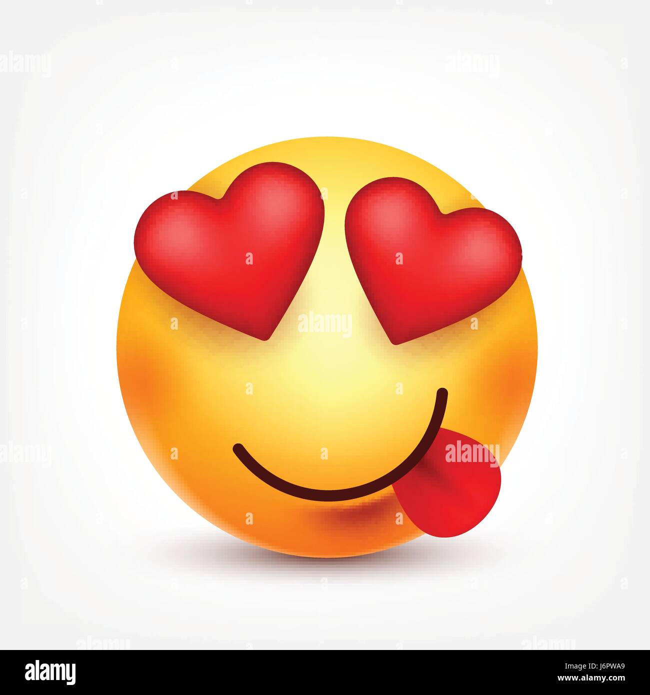Smiley with tongue and hearts,smiling emoticon. Yellow face with emotions. Facial expression. 3d realistic emoji. Funny cartoon character.Mood. Web icon. Vector illustration. Stock Vector