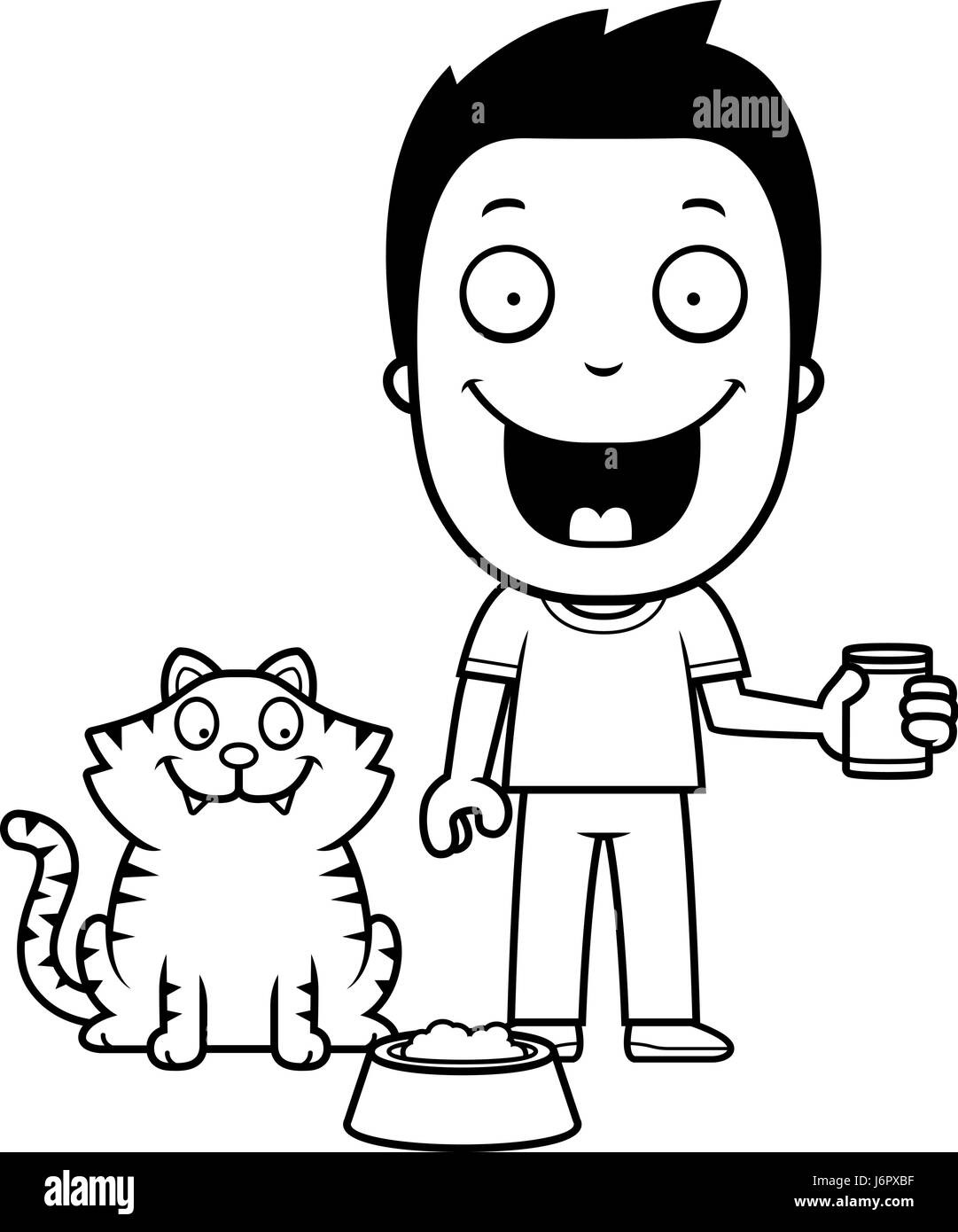 A Happy Cartoon Boy Feeding The Cat Stock Vector Image & Art - Alamy