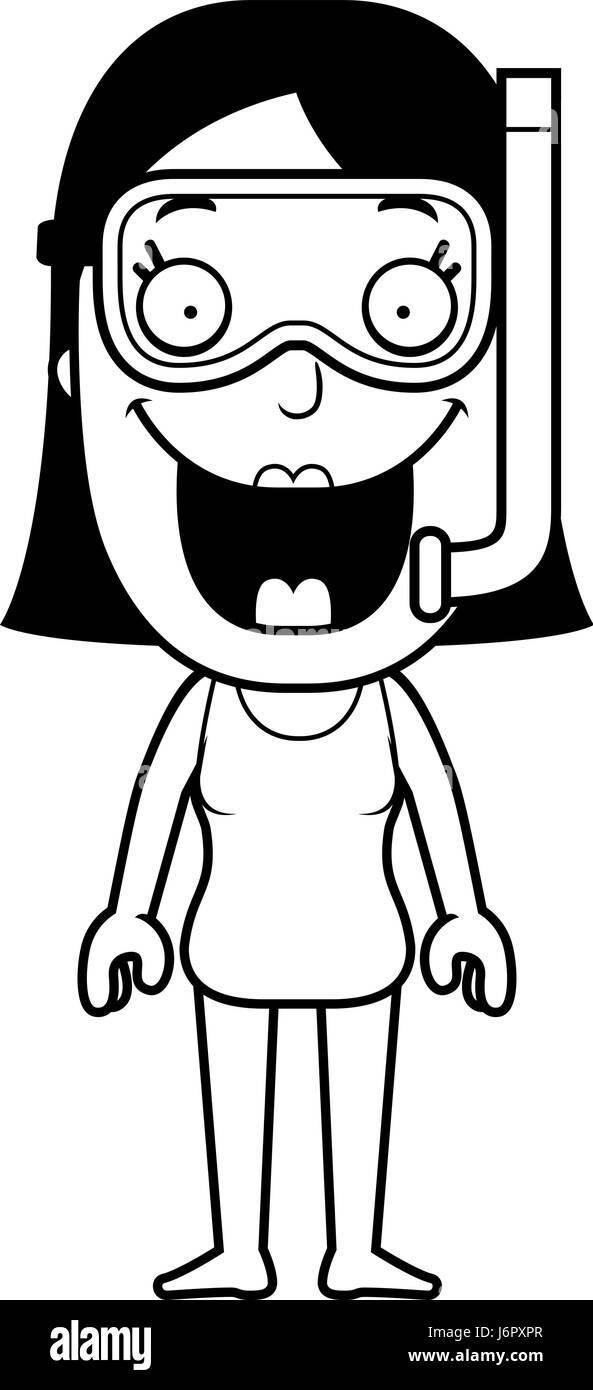 A cartoon illustration of a woman with a snorkeling mask on Stock