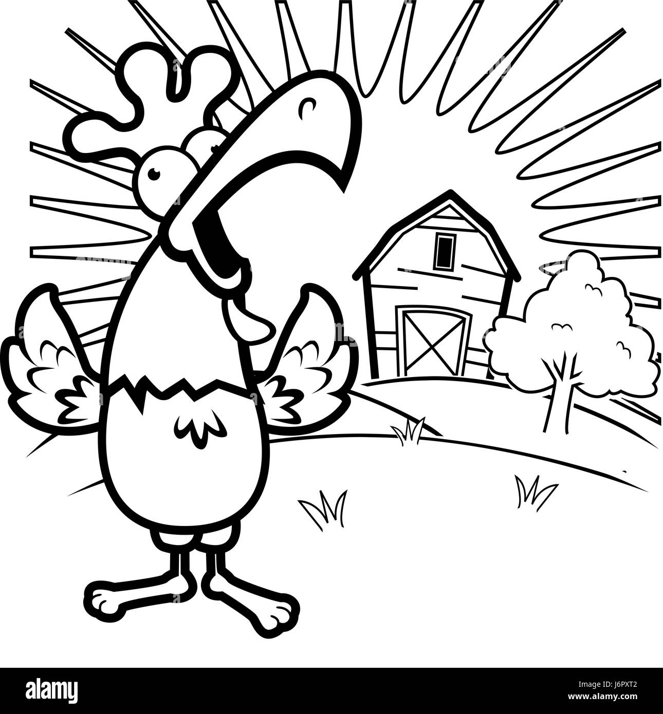 A cartoon rooster on a farm crowing. Stock Vector