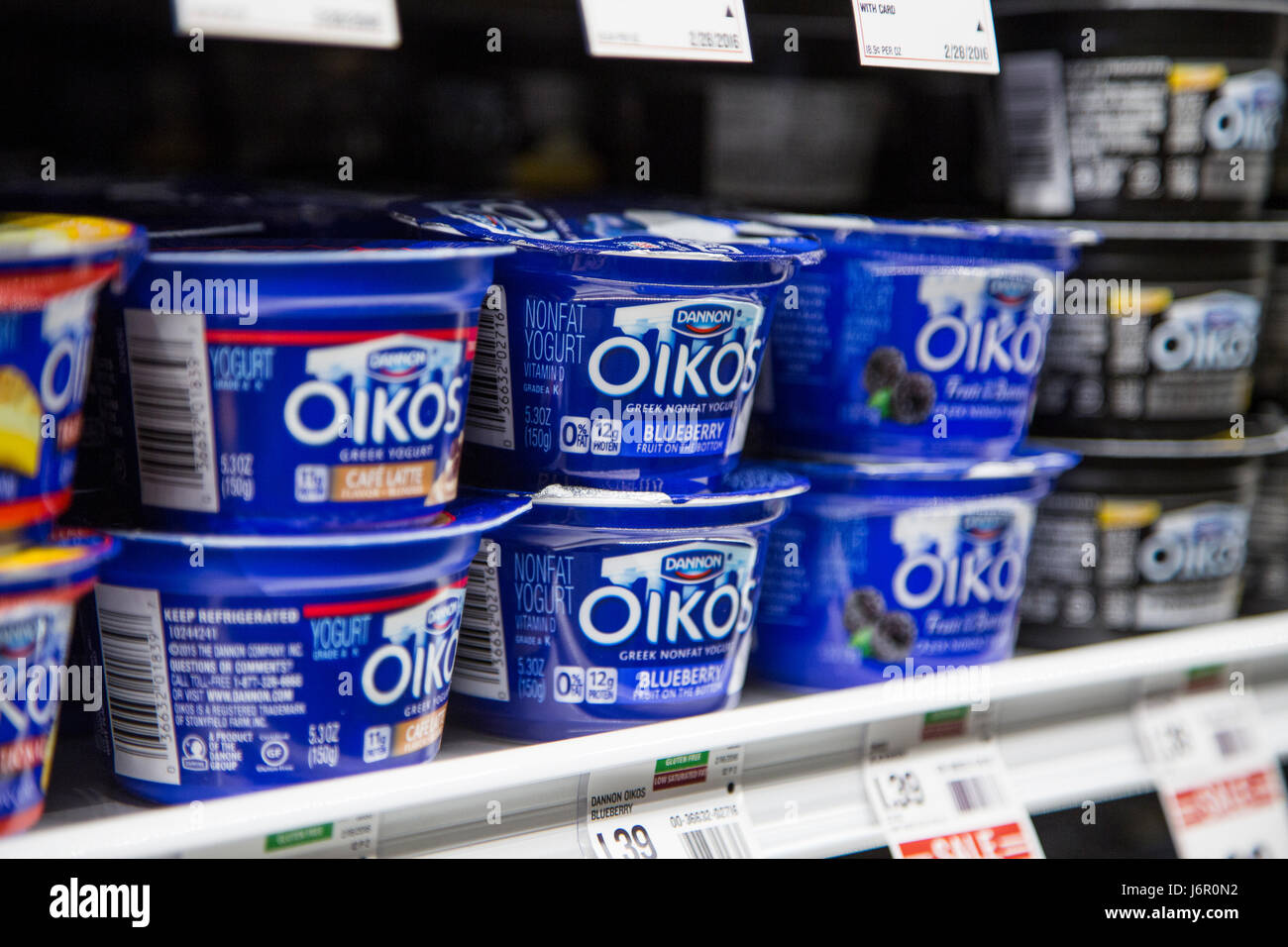 packages of Oikos Greek yogurt on the shelf in the refrigerator case of a grocery store Stock Photo