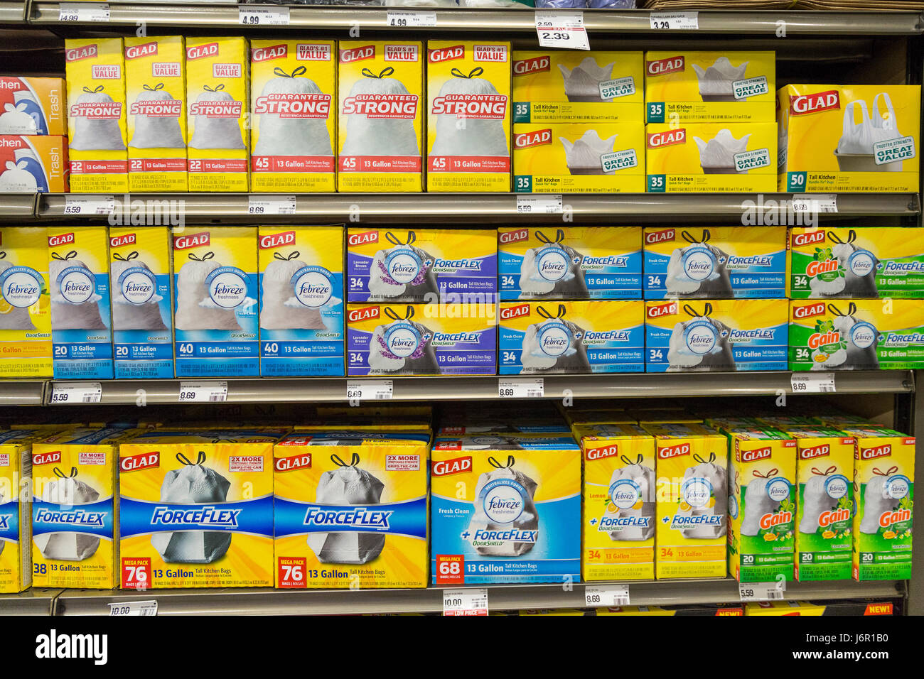 boxes of Glad brand garbage bags on the shelves of a grocery store Stock Photo