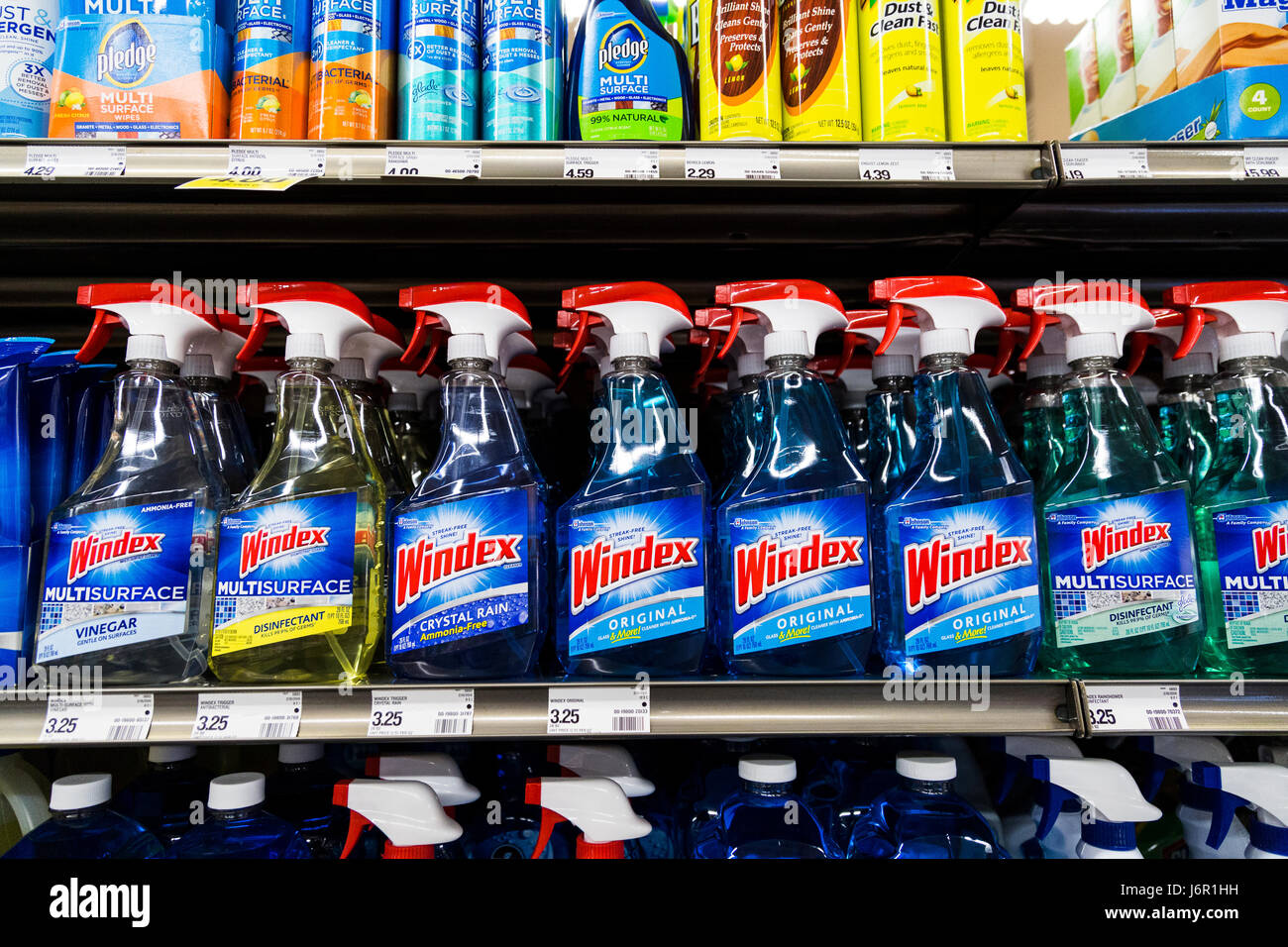 Bottles of Windex brand spray cleaners on a grocery store shelf Stock Photo