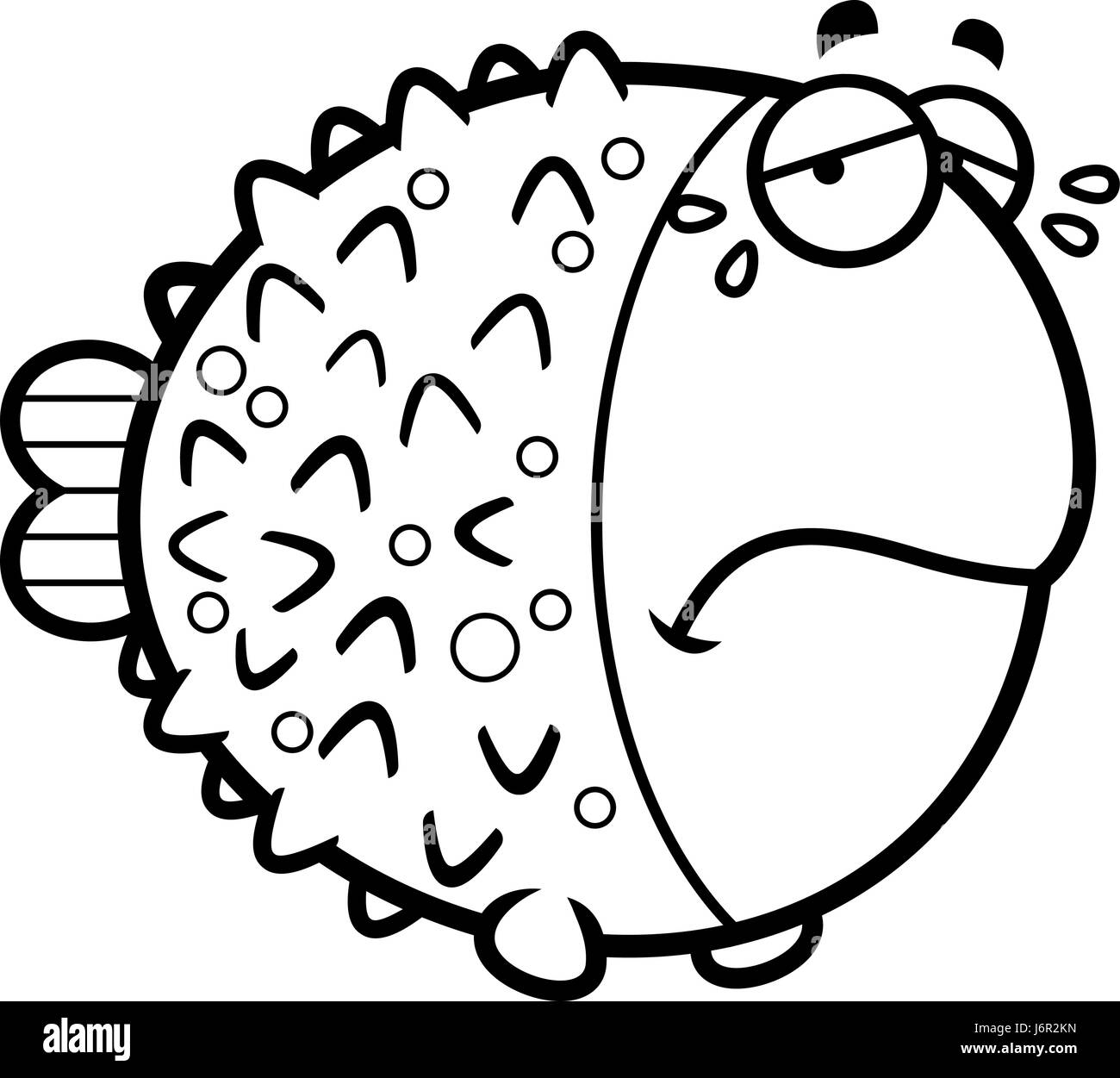 A cartoon illustration of a pufferfish sad and crying. Stock Vector