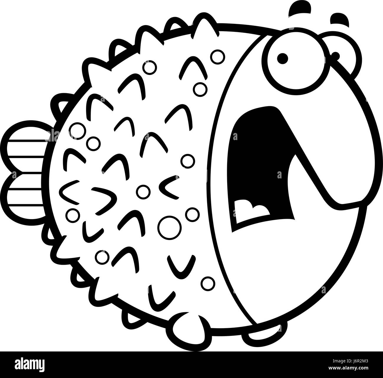 A cartoon illustration of a pufferfish looking scared. Stock Vector